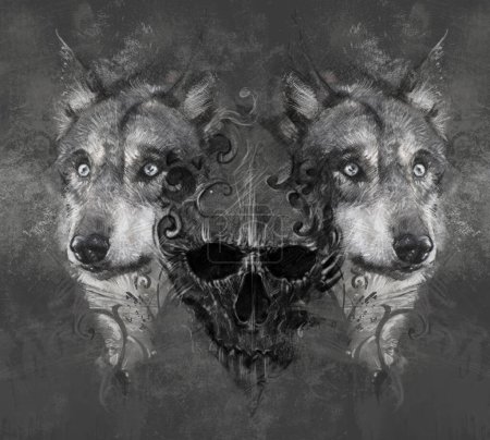 Photo for Wolf illustration with skull. Tattoo design over grey background - Royalty Free Image