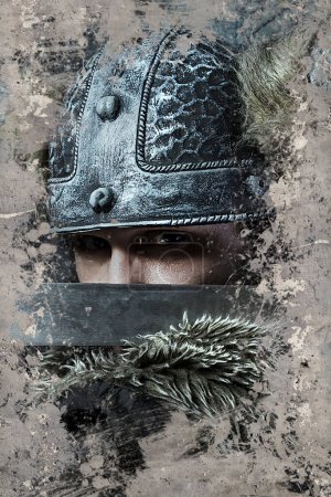 Photo for Viking warrior with helmet over vintage textured background - Royalty Free Image