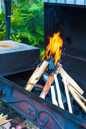 Photo for Closeup shot of open camping fire for barbecue - Royalty Free Image