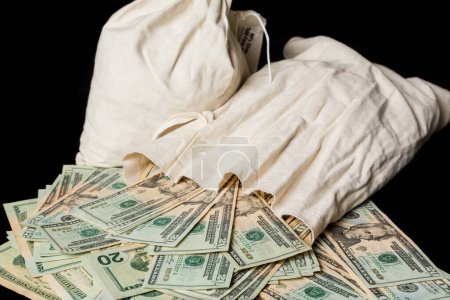 Foto de Muchos billetes de dólar o billetes con bolsas de dinero - Imagen libre de derechos