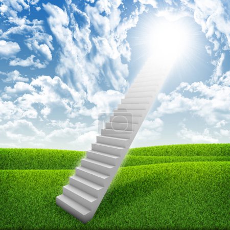 Photo for Stairs in sky with green grass, clouds and sun - Royalty Free Image