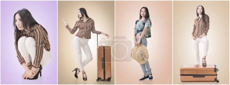 Téléchargez les photos : Voyageuse. Jeune femme asiatique posant avec des accessoires de voyage - en image libre de droit
