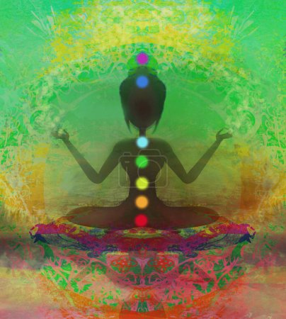 Téléchargez les photos : Pose de lotus de yoga. Padmasana avec des points de chakra colorés. - en image libre de droit