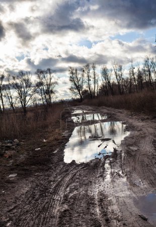 Téléchargez les photos : Boue et flaques d'eau sur le chemin de terre - en image libre de droit