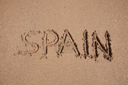 Foto de España texto escrito en arena - Imagen libre de derechos