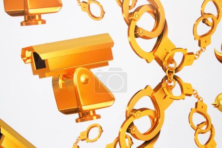 Foto de 3D representación de la cámara de color oro y esposas sobre fondo blanco - Imagen libre de derechos