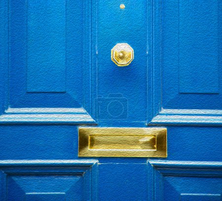 Foto de Manija amarilla en la puerta azul vista de cerca - Imagen libre de derechos