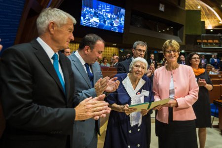 Photo for FRANCE, Strasbourg: Veteran Russian human rights defender Ludmilla Alexeeva at the the Palais de l'Europe in Strasbourg, the opening day of the autumn plenary session of the Parliamentary Assembly of the Council of Europe (PACE) on September 29, 2015 - Royalty Free Image