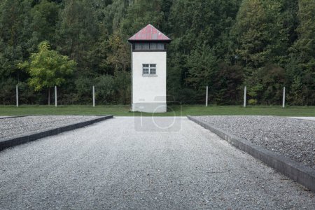 Photo for GERMANY, Dachau: A watchtower is pictured in the former Dachau concentration camp in Dachau, Germany, on September 25, 2015 - Royalty Free Image