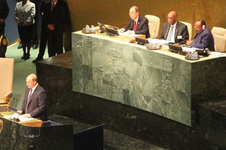 Téléchargez les photos : ÉTATS-UNIS, New York : Le président russe Vladimir Poutine s'adresse à l'Assemblée générale des Nations Unies à New York le 28 septembre 2015. - en image libre de droit