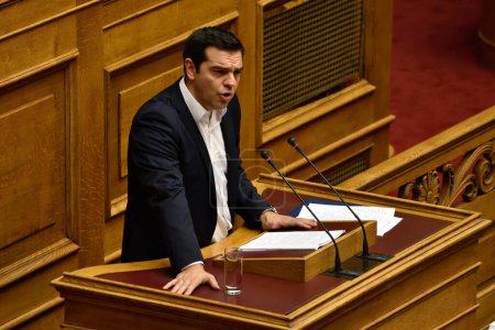Téléchargez les photos : GRÈCE, Athènes : Le Premier ministre grec Alexis Tsipras a annoncé ses grandes lignes pour son nouveau mandat au Parlement le 5 octobre 2015. - en image libre de droit