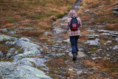 Téléchargez les photos : Femme randonnée pédestre dans les montagnes d'automne - en image libre de droit