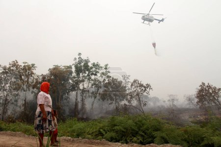 Photo for INDONESIA, Kubu Raya: An helicopter is helping to extinguish a fire at Kubu Raya district, in West Kalimantan province, on October 21, 2015. - Royalty Free Image