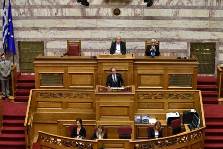 Photo for GREECE, Athens: French President Francois Hollande delivers a speech during the plenary session of the Greek Parliament, on the second day of his visit to Athens, on October 23, 2015. - Royalty Free Image