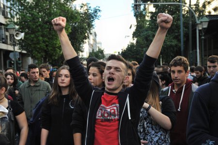 Photo for GREECE, Athens: Thousands of student-protesters fill the streets of Athens, Greece on November 2, 2015.  educational budget cuts - Royalty Free Image