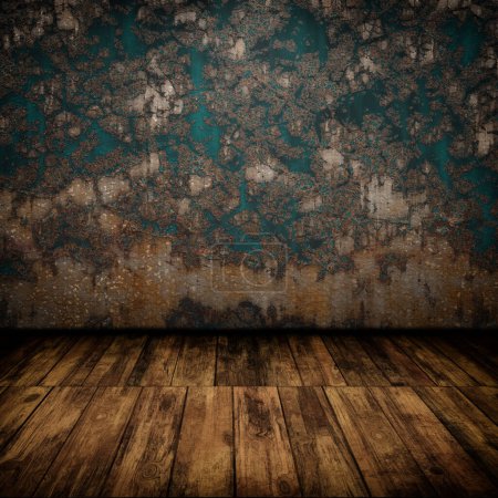 Foto de Interior industrial grunge con suelo de madera y antigua pared dañada - Imagen libre de derechos