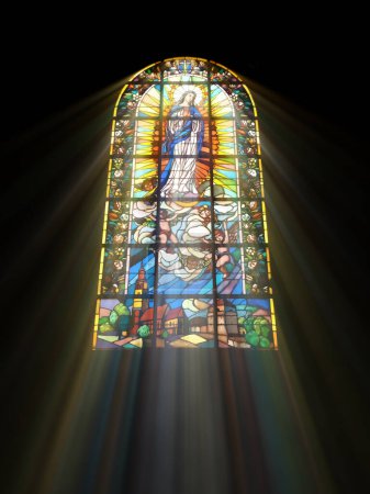 Foto de Vidrieras bíblicas con rayos de luz brillando a través de - Imagen libre de derechos