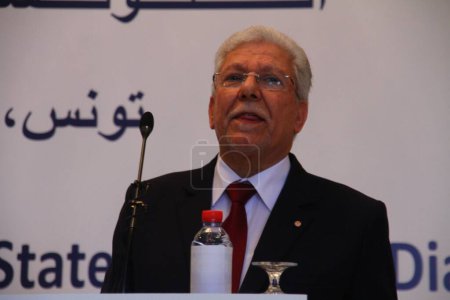 Photo for TUNISIA, Tunis: Tunisian Minister of Foreign Affairs Taieb Baccouche speaks at the second US-Tunisia Strategic Dialogue in Tunis, Tunisia on November 13, 2015. - Royalty Free Image