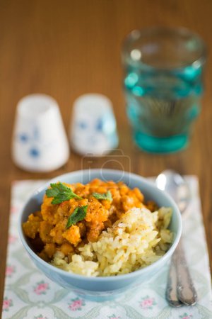 Photo for Pumpkin curry with chick-peas and rice indian cuisine - Royalty Free Image