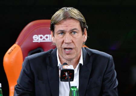 Photo for ITALY, Rome: Associazione Sportiva Roma Coach Rudi Garcia speaks to reporters at a press conference in Trigoria, Italy on November 28, 2015. - Royalty Free Image