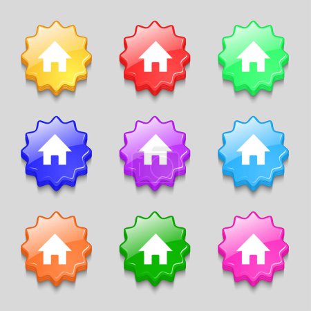 Foto de "Home, Main page icon sign. symbol on nine wavy colourful buttons. " - Imagen libre de derechos