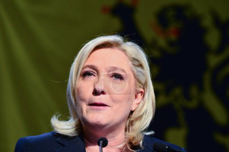 Foto de FRANCIA, Hnin-Beaumont: Marine Le Pen, líder del Frente Nacional (FN) de extrema derecha francés, pronuncia un discurso tras el anuncio de resultados en la segunda vuelta de las elecciones regionales francesas en Henin-Beaumont el 13 de diciembre de 2015. - Imagen libre de derechos