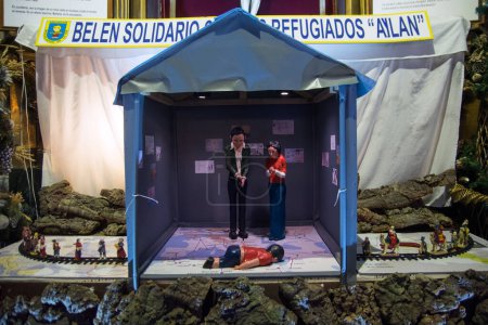 Photo for SPAIN, Madrid: San-Anton church in Madrid recreates nativity scene with refugees on December 19, 2015. - Royalty Free Image