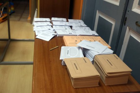 Foto de SPAIN, Asturias: Ballots are pictured in Asturias, Spain on December 20, 2015 as Spain heads to the polls to elect all 350 members of its lower house of parliament in the tightest election in decades. - Imagen libre de derechos