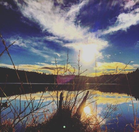 Foto de Hermoso paisaje con un lago y sol brillante - Imagen libre de derechos