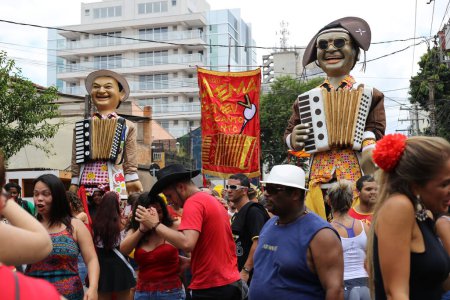 Photo for BRAZIL, Sao Paulo: Revellers celebrate during 32th Block Bando 7 traditional Carnival in Sao Paulo bohemian neighborhood of Vila Madalena on January 30, 2016 in Sao Paulo. - Royalty Free Image