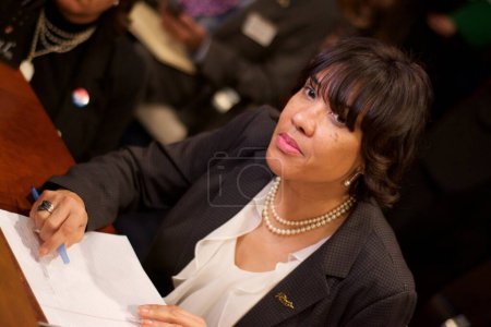Photo for UNITED STATES, Washington : Flint mayor Karen Weaver attends a House Democratic Steering and Policy Committee hearing on the Flint, Michigan, water crisis on Capitol Hill in Washington, DC, on February 10, 2016. - Royalty Free Image