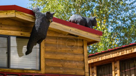 Foto de Black bear toys is climbing on the wooden house - Imagen libre de derechos