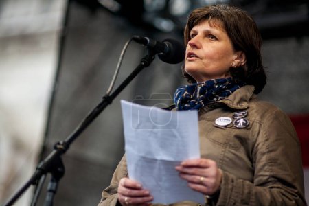 Photo for HUNGARY, Budapest: Chairwomen of the Autonomous regional union Andrea Varga speaks as Participants of a demonstration for teachers, parents and their sympathizers gather in front of the parliament building in Budapest downtown on February 13, 2016 - Royalty Free Image
