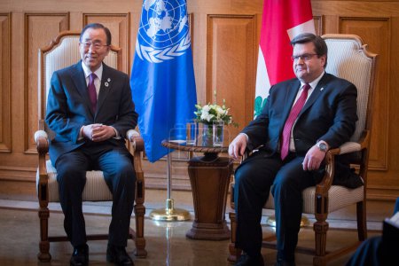 Photo for CANADA, Montreal: UN Secretary-General Ban Ki-moon delivers a speech as part of his meeting with Montreal mayor Denis Coderre, in Montreal, on February 12, 2016. - Royalty Free Image