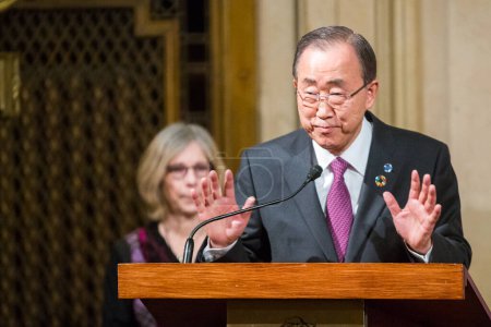 Photo for CANADA, Montreal: UN Secretary-General Ban Ki-moon delivers a speech as part of his meeting with Montreal mayor Denis Coderre, in Montreal, on February 12, 2016. - Royalty Free Image