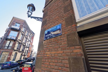 Photo for BELGIUM, Schaerbeek: A picture taken on January 9, 2016, in the Brussels district of Schaerbeek shows a sign reading Rue Henri Berge. In an apartment located in this street, Belgian police have found three belts for possible use in suicide attacks - Royalty Free Image