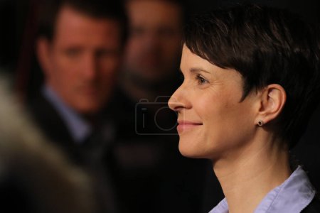 Photo for GERMANY, Berlin: Frauke Petry, head of the Alternative for Germany, AfD political party, speaks following initial state election results on March 13, 2016 in Berlin, Germany. - Royalty Free Image