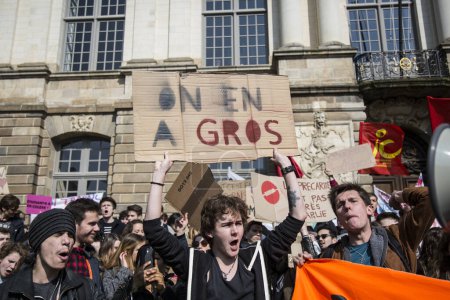 Téléchargez les photos : FRANCE, Paris : Des milliers d "élèves du secondaire manifestent lors d'une marche de protestation contre les réformes du travail du gouvernement le 17 mars 2016 à Toulouse. - en image libre de droit