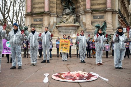 Téléchargez les photos : FRANCE, Paris : Des membres de l'association Vegan Impact posent les mains sanglantes, lors d'une manifestation commémorant la Journée internationale sans viande, sur la place Saint-Michel à Paris, le 19 mars 2016. - en image libre de droit