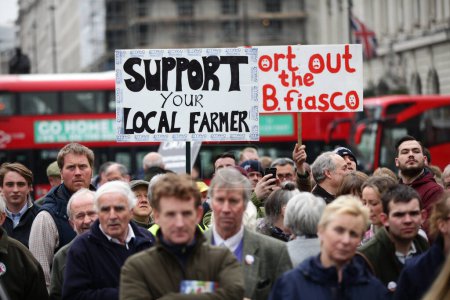 Foto de INGLATERRA, Londres: Manifestantes sostienen pancartas durante una manifestación de agricultores en Londres, el 23 de marzo de 2016 - Imagen libre de derechos