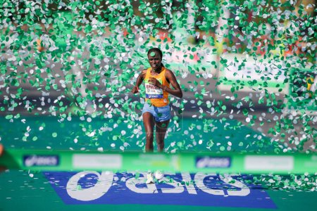 Photo for FRANCE, Paris - April 3, 2016: Kenyan Visiline Jepkesho passes the finish line during the 40th Paris Marathon in Paris. - Royalty Free Image