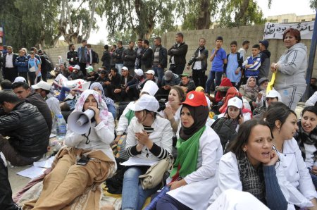 Photo for ALGERIA, Boudouaou: Hundreds of teachers are on hunger strike in Boudouaou, near Alger, in Algeria, on April 4, 2016. - Royalty Free Image