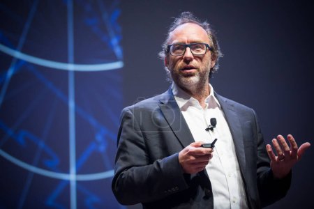 Photo for CANADA, Montreal: American co-founder of online encyclopedia Wikipedia and internet entrepreneur Jimmy Wales delivers a speech during a conference held by the Board of Trade of Metropolitan Montreal in Montreal, Quebec, on April 11, 2016. - Royalty Free Image