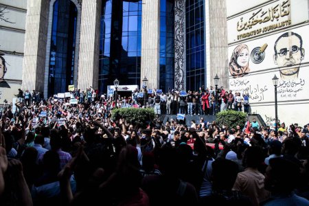 Photo for EGYPT, Cairo: Protesters cry out as thousands rally in front of the Syndicate of Journalists in Cairo on April 15, 2016 - Royalty Free Image