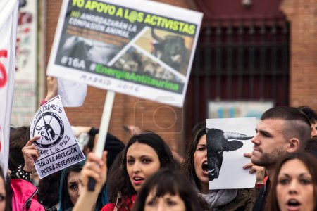 Téléchargez les photos : ESPAGNE, Madrid : Des manifestants menottent des sportifs lors d'une manifestation en faveur des défenseurs des droits des animaux, à Madrid, le 16 avril 2016 - en image libre de droit