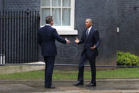 Photo for United Kingdom, London - April 22, 2016: President Barack Obama greets British Prime Minister David Cameron - Royalty Free Image