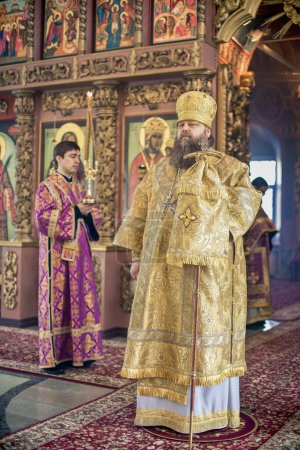 Photo for Orthodox liturgy with bishop Mercury in High Monastery of Saint Peter in Moscow - Royalty Free Image