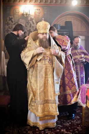 Photo for Orthodox liturgy with bishop Mercury in High Monastery of Saint Peter in Moscow - Royalty Free Image
