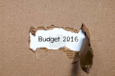 Téléchargez les photos : Les mots budget 2016 apparaissent derrière le papier déchiré - en image libre de droit