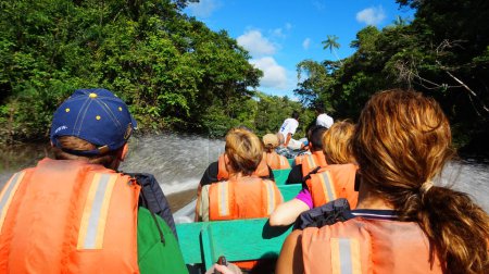Téléchargez les photos : Touristes voyageant en bateau sur une rivière en Amazonie équatorienne - en image libre de droit